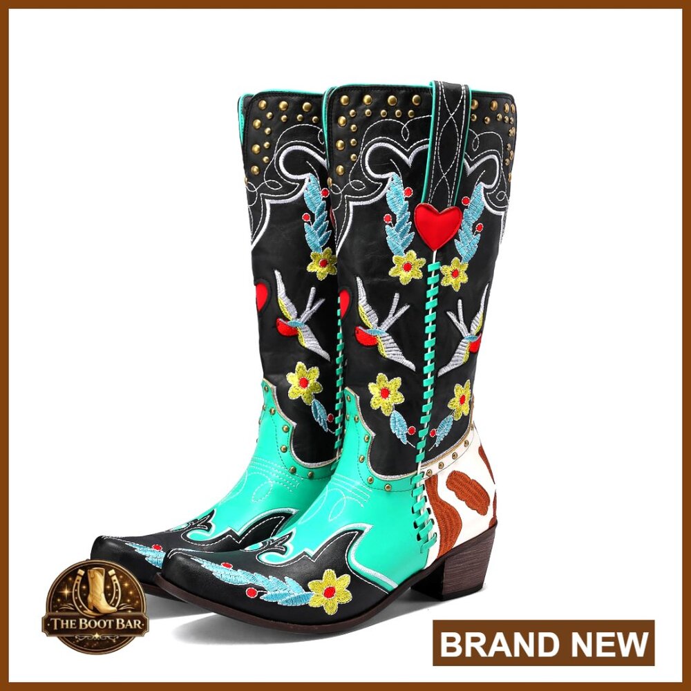 Women's Swallow Floral Embroidered Cowgirl Boots With Chunky Low Heels